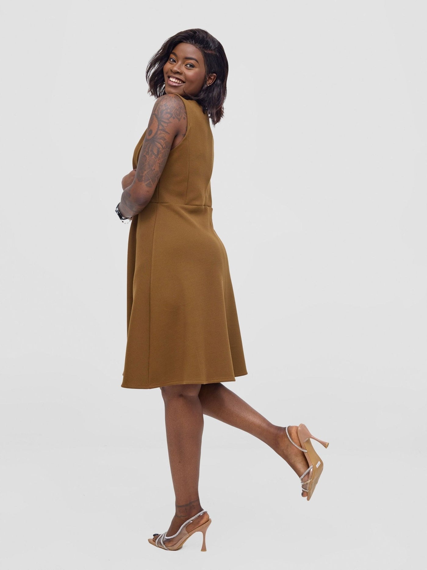 Vivo Niari Boat Neck Dress - Dark Tan - Shopzetu