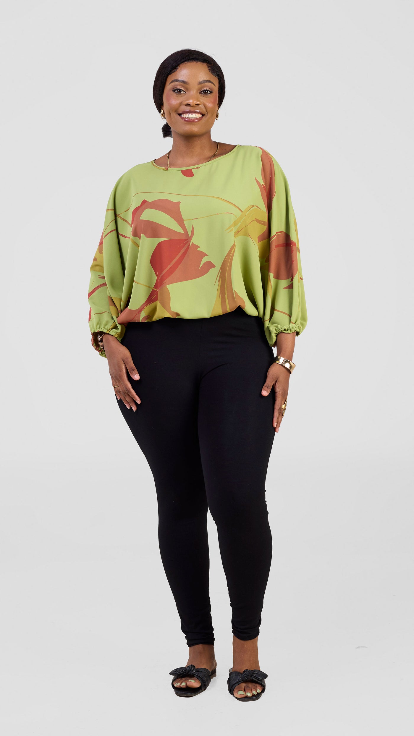 Vivo Kemi Dolman Top - Lime Green / Maroon Emi Print