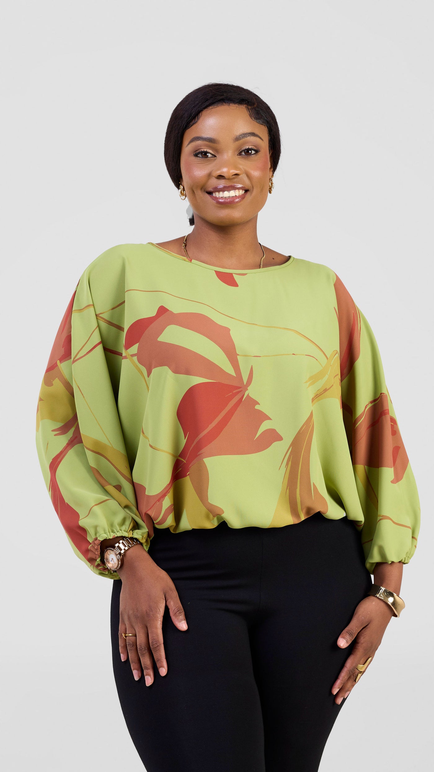 Vivo Kemi Dolman Top - Lime Green / Maroon Emi Print