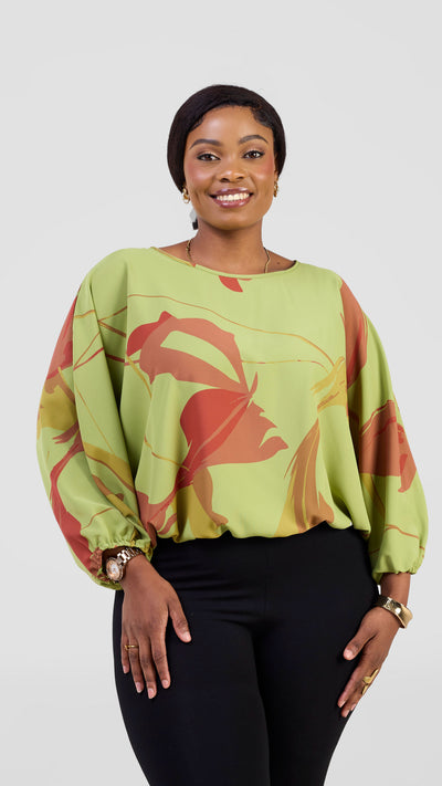Vivo Kemi Dolman Top - Lime Green / Maroon Emi Print