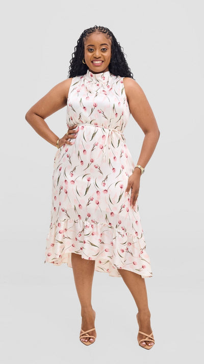 Vivo Samira Midi Dress - Off White / Pink Print - Shopzetu