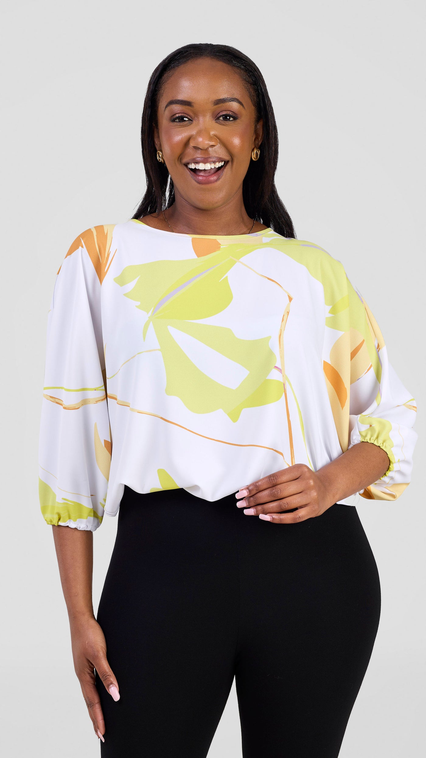 Vivo Kemi Dolman Top - White / Lime Emi Print