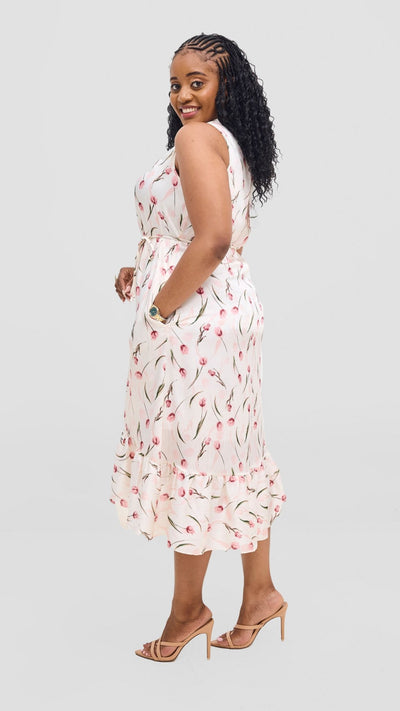 Vivo Samira Midi Dress - Off White / Pink Print - Shopzetu