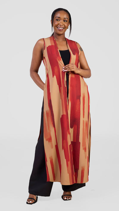 Vivo Isabi Sleeveless Kimono - Light Brown / Maroon Pasi Print