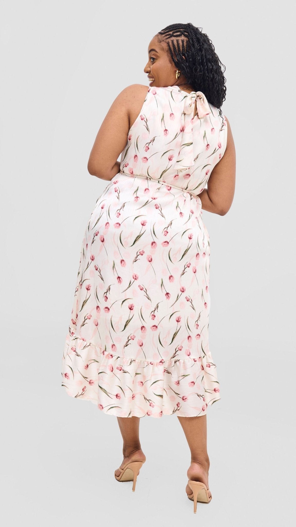 Vivo Samira Midi Dress - Off White / Pink Print - Shopzetu