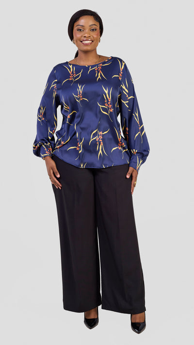 Vivo Tatili Long Sleeve Bishop Top - Navy / Yellow Kari Print