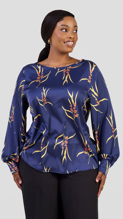 Vivo Tatili Long Sleeve Bishop Top - Navy / Yellow Kari Print