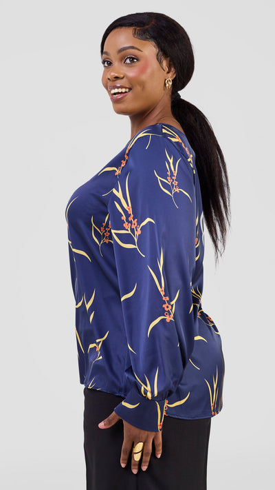 Vivo Tatili Long Sleeve Bishop Top - Navy / Yellow Kari Print