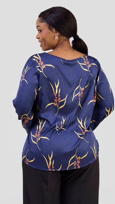 Vivo Tatili Long Sleeve Bishop Top - Navy / Yellow Kari Print