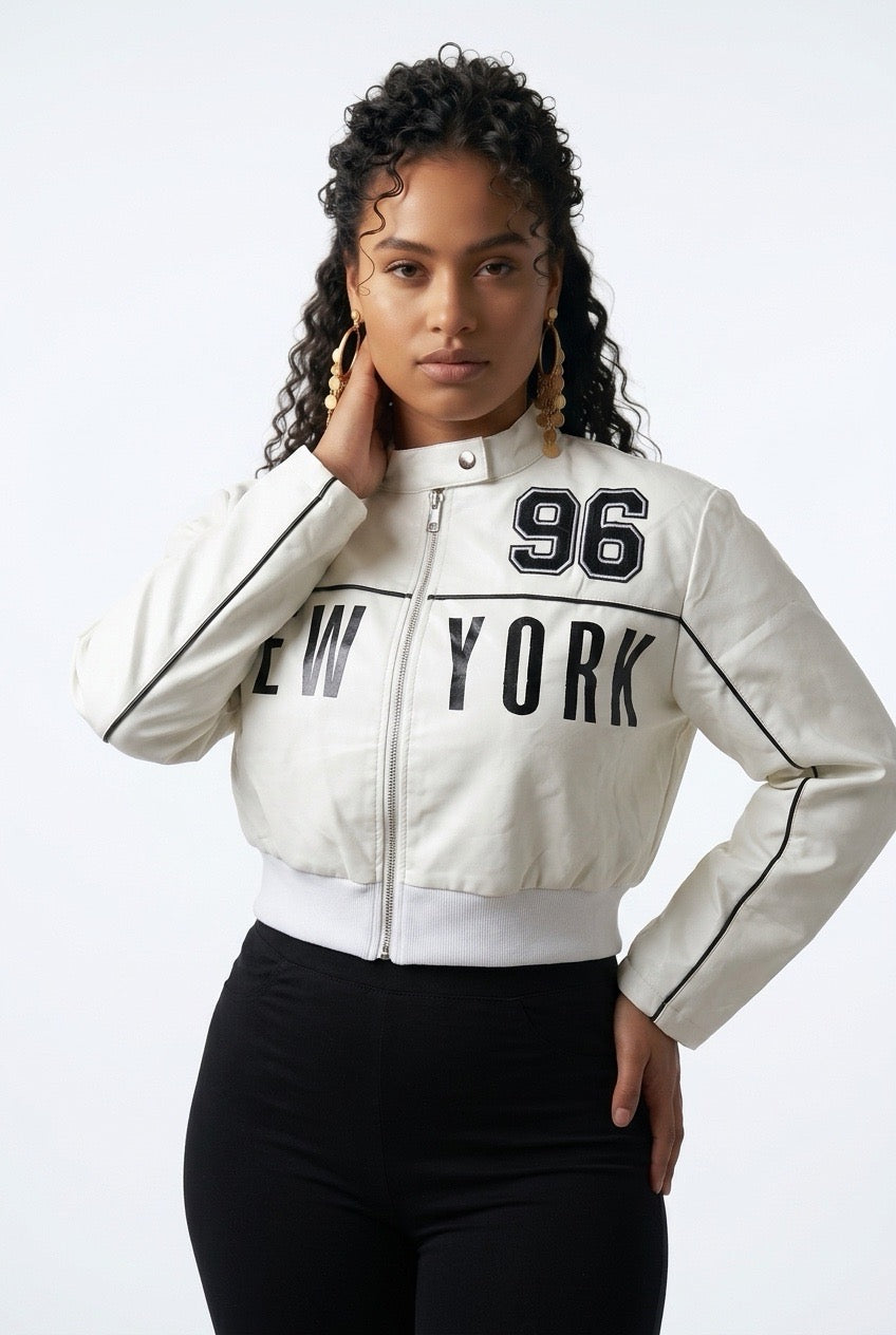 Stylish Sisters Stand Collar Letter Print Cropped Leather Jacket - White
