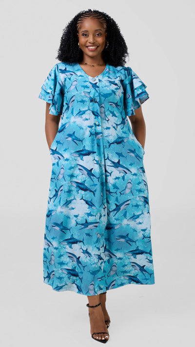 Mariste Shark Print Button-Down Dress - Deep Sea Blue