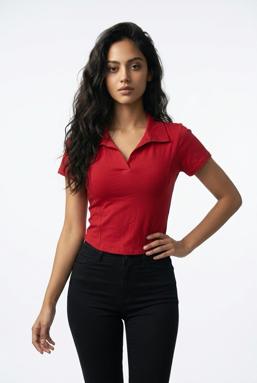 Stylish Sisters Corset-Style Curved Hem Polo Top - Maroon