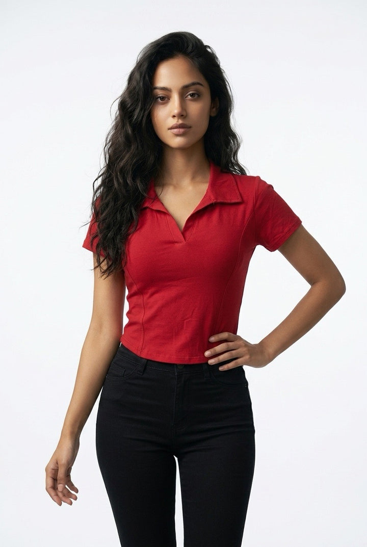Stylish Sisters Corset-Style Curved Hem Polo Top - Maroon