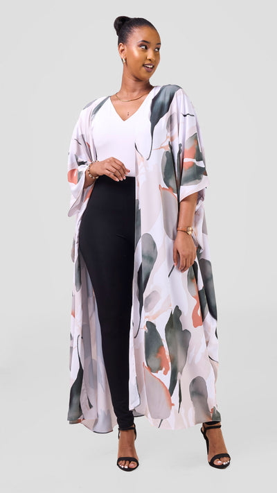 Vivo Ayla Maxi Kimono - White / Light Taupe Dola Print