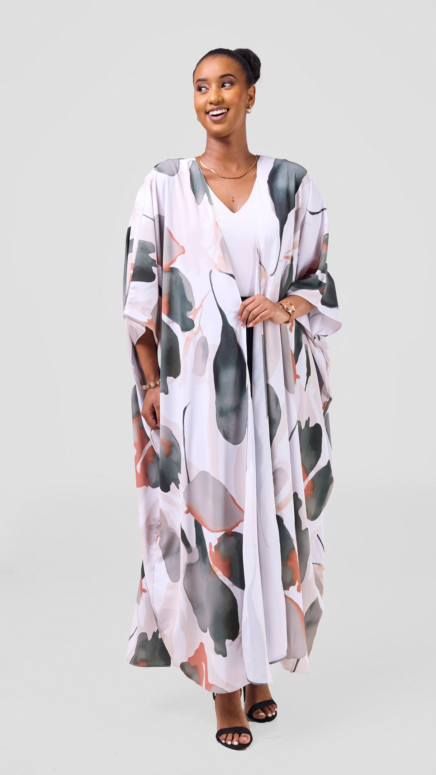 Vivo Ayla Maxi Kimono - White / Light Taupe Dola Print