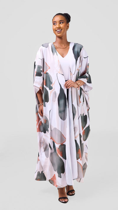 Vivo Ayla Maxi Kimono - White / Light Taupe Dola Print