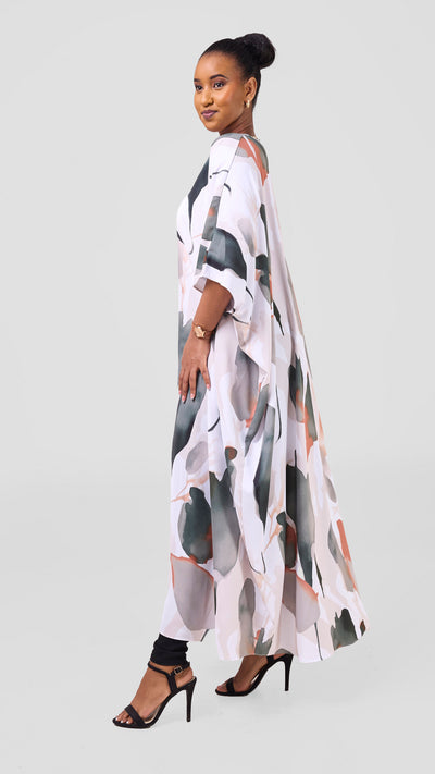 Vivo Ayla Maxi Kimono - White / Light Taupe Dola Print