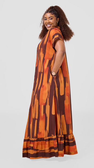 Vivo Maisha Drop Shoulder Maxi Dress - Chocolate / Rust Pasi Print