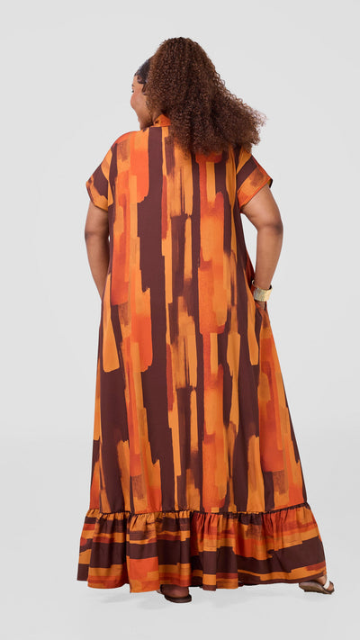Vivo Maisha Drop Shoulder Maxi Dress - Chocolate / Rust Pasi Print