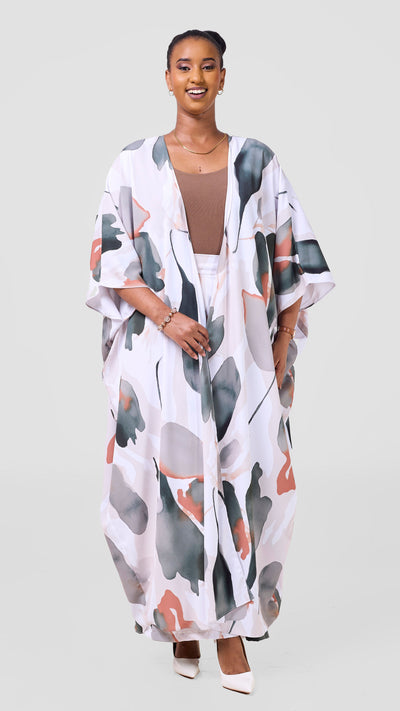 Vivo Ayla Maxi Kimono - White / Light Taupe Dola Print