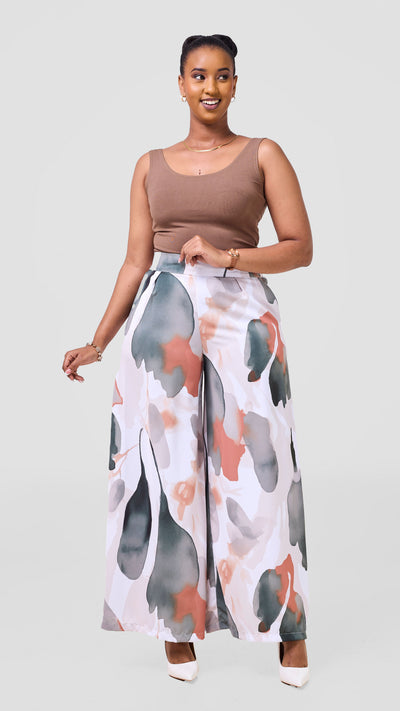 Vivo Ayla Crepe Pants - White / Light Taupe Dola Print