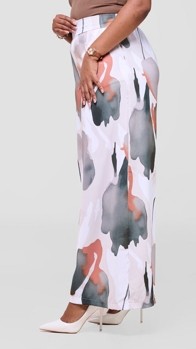 Vivo Ayla Crepe Pants - White / Light Taupe Dola Print