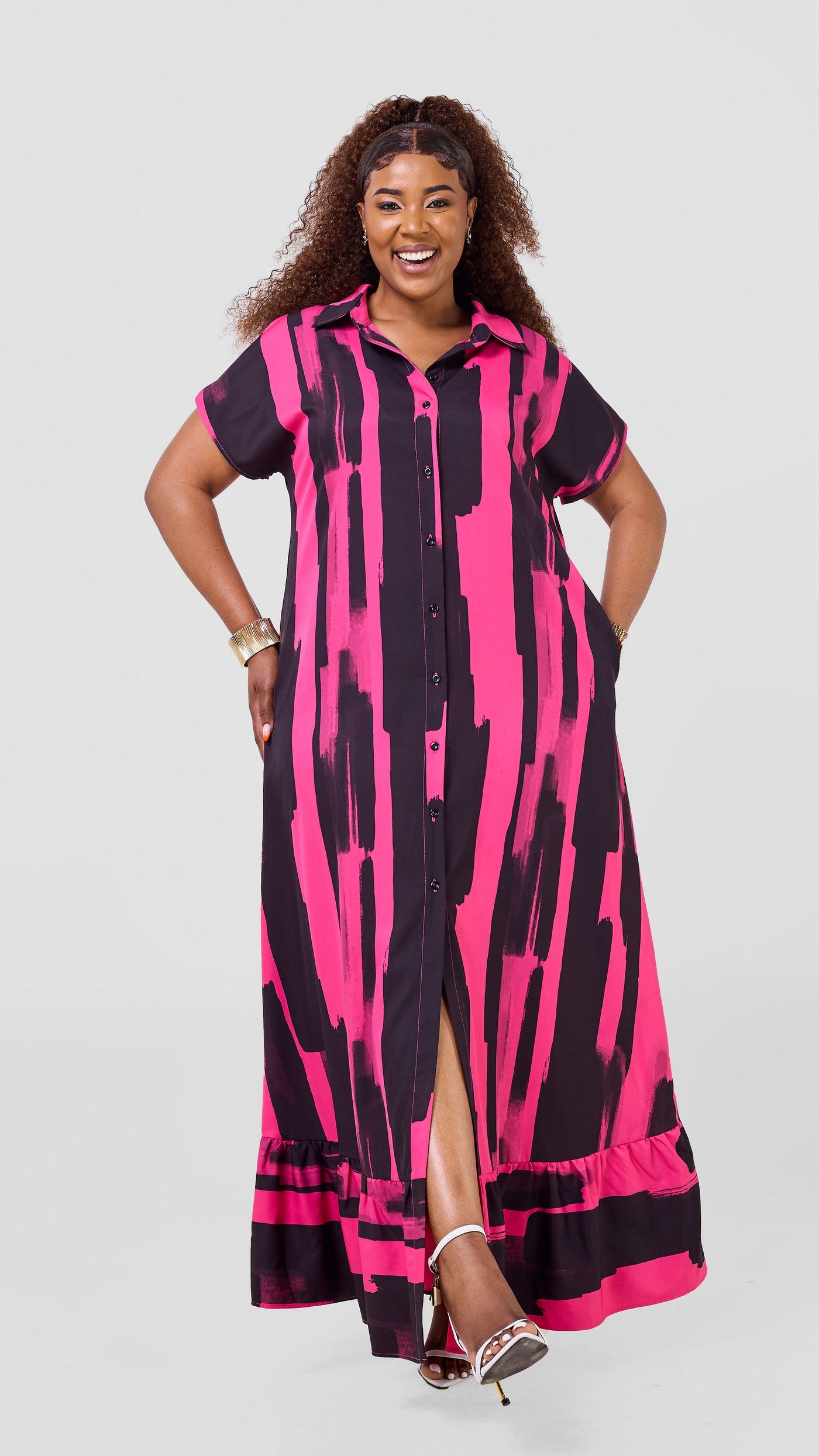 Vivo Maisha Drop Shoulder Maxi Dress - Pink / Black Pasi Print