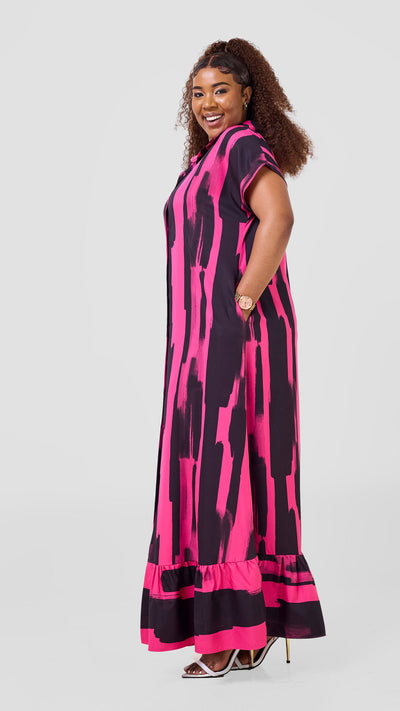 Vivo Maisha Drop Shoulder Maxi Dress - Pink / Black Pasi Print