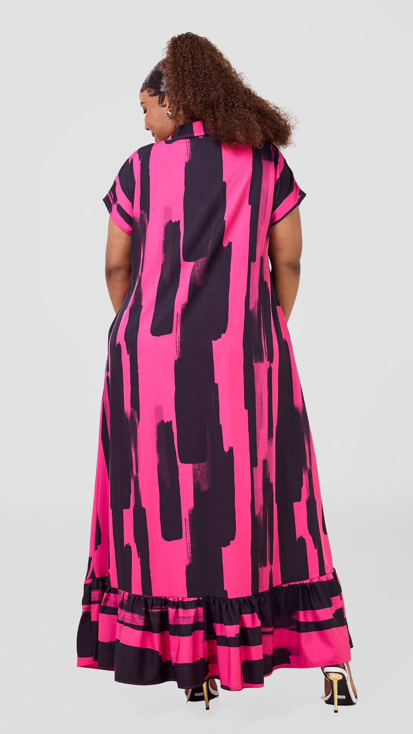 Vivo Maisha Drop Shoulder Maxi Dress - Pink / Black Pasi Print