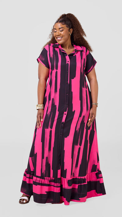 Vivo Maisha Drop Shoulder Maxi Dress - Pink / Black Pasi Print