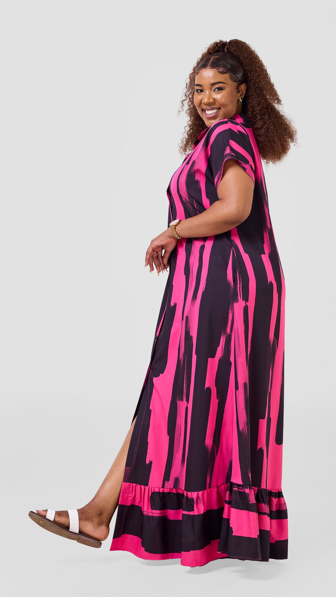 Vivo Maisha Drop Shoulder Maxi Dress - Pink / Black Pasi Print