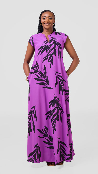 Vivo Zola V Neck Cap Sleeve Maxi Dress - Light Purple / Black Ewale Print