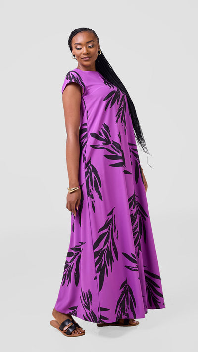 Vivo Zola V Neck Cap Sleeve Maxi Dress - Light Purple / Black Ewale Print