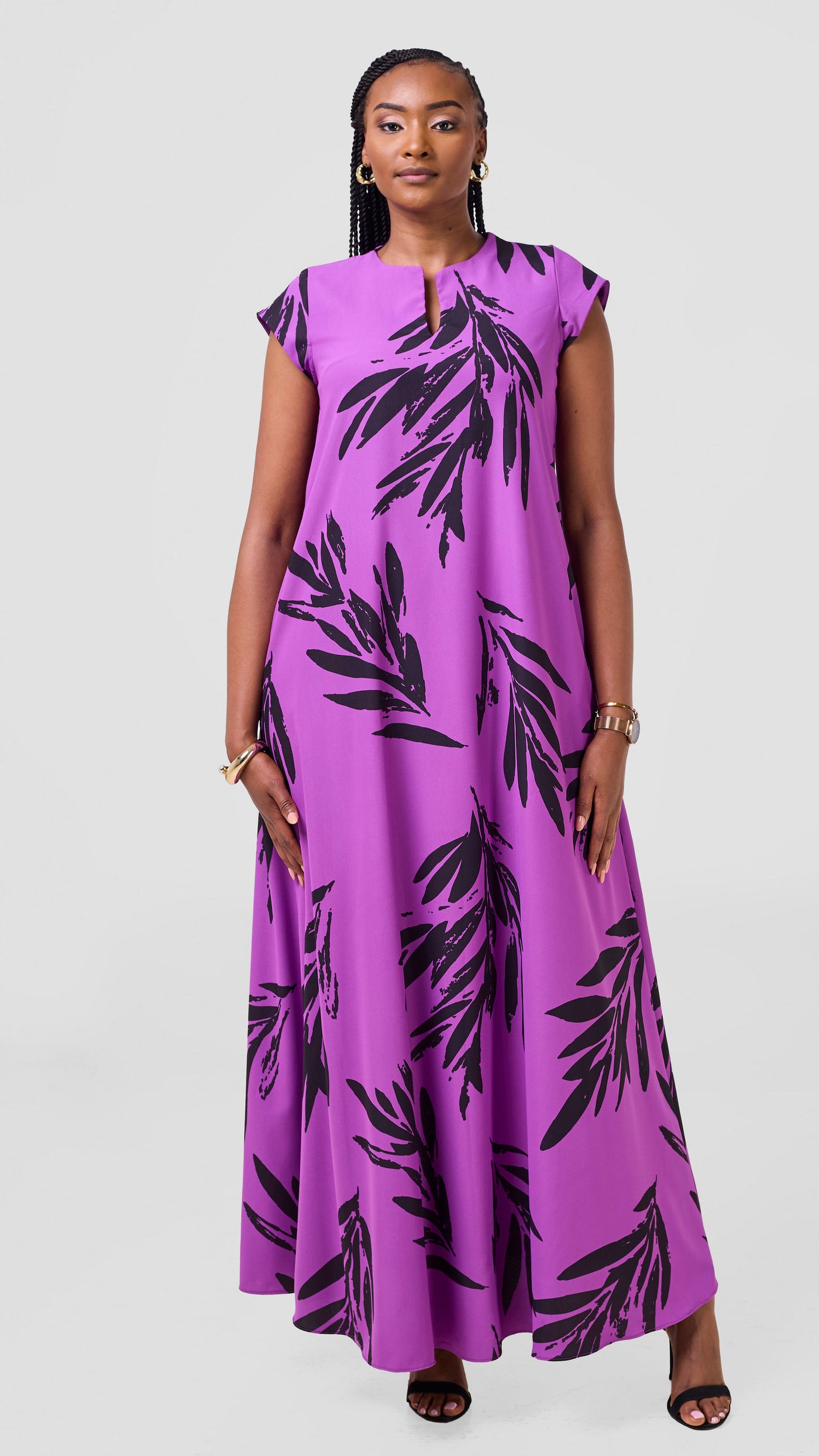 Vivo Zola V Neck Cap Sleeve Maxi Dress - Light Purple / Black Ewale Print