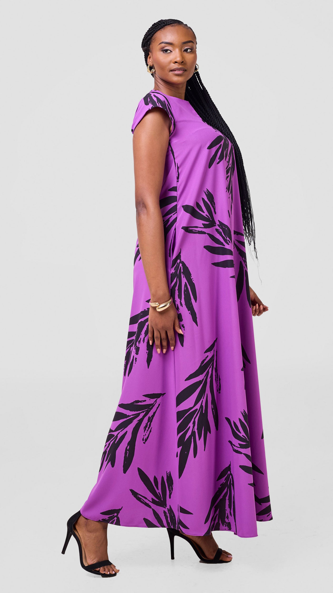 Vivo Zola V Neck Cap Sleeve Maxi Dress - Light Purple / Black Ewale Print
