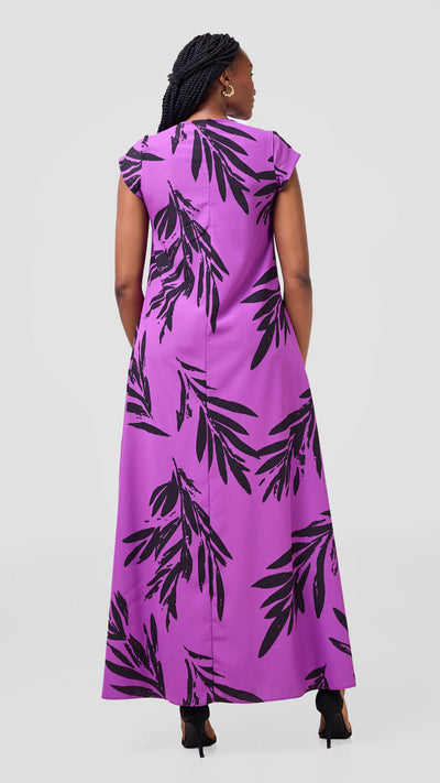 Vivo Zola V Neck Cap Sleeve Maxi Dress - Light Purple / Black Ewale Print