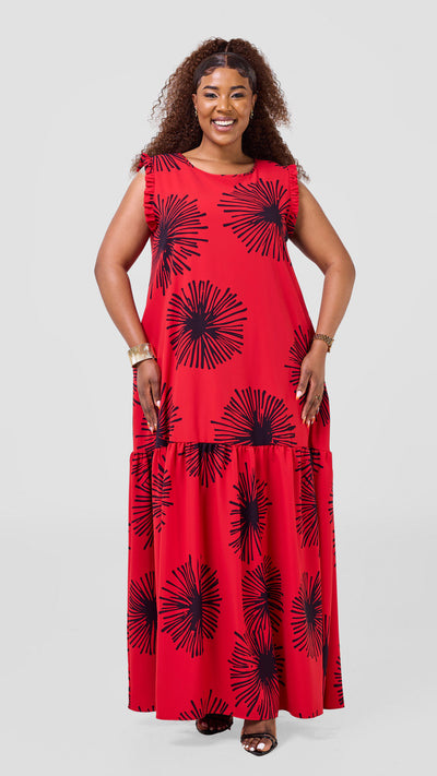 Vivo Ava Tent Flounce Maxi Dress - Red / Navy Sella Print