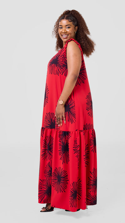 Vivo Ava Tent Flounce Maxi Dress - Red / Navy Sella Print