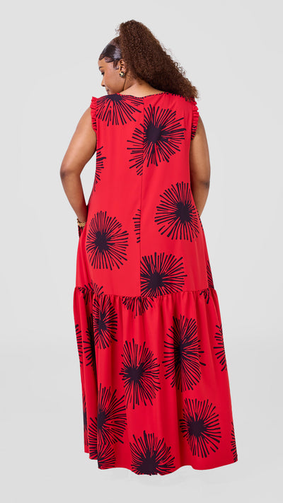 Vivo Ava Tent Flounce Maxi Dress - Red / Navy Sella Print