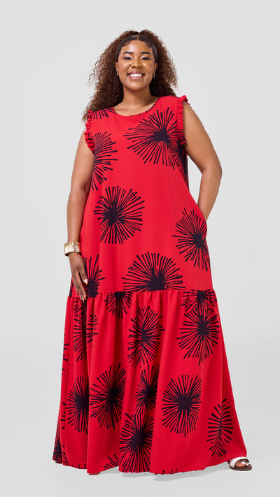 Vivo Ava Tent Flounce Maxi Dress - Red / Navy Sella Print