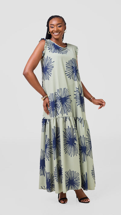 Vivo Ava Tent Flounce Maxi Dress - Sage / Navy Sella Print