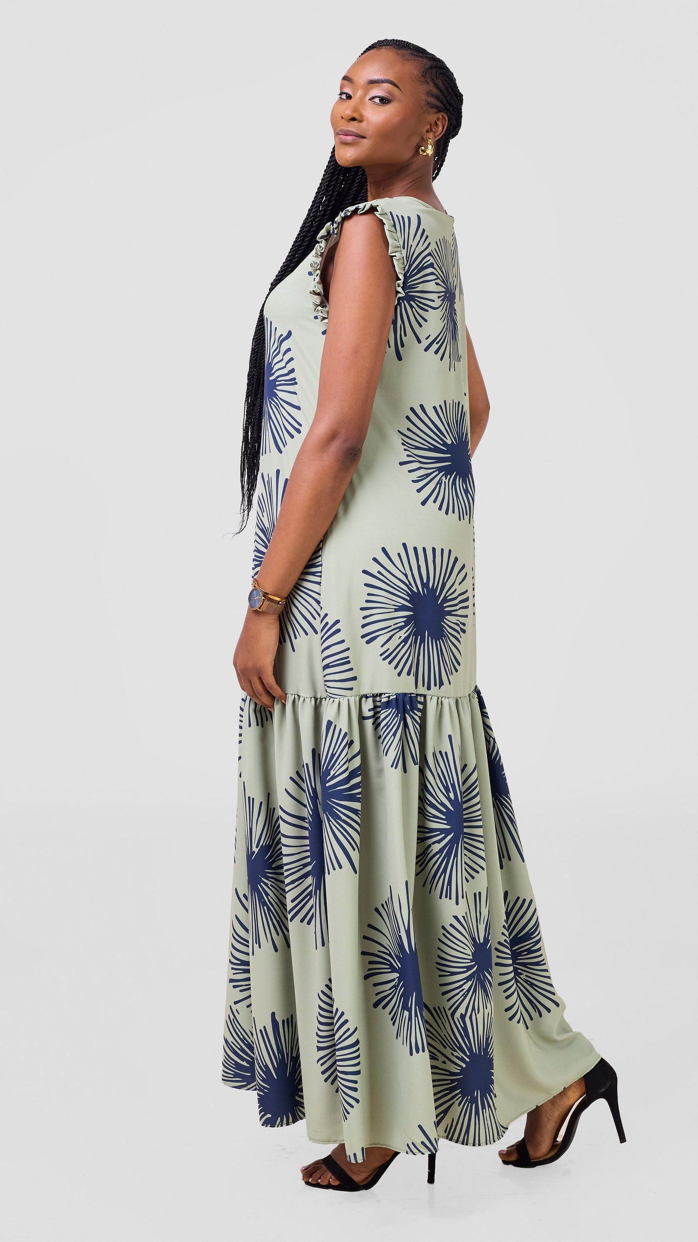 Vivo Ava Tent Flounce Maxi Dress - Sage / Navy Sella Print
