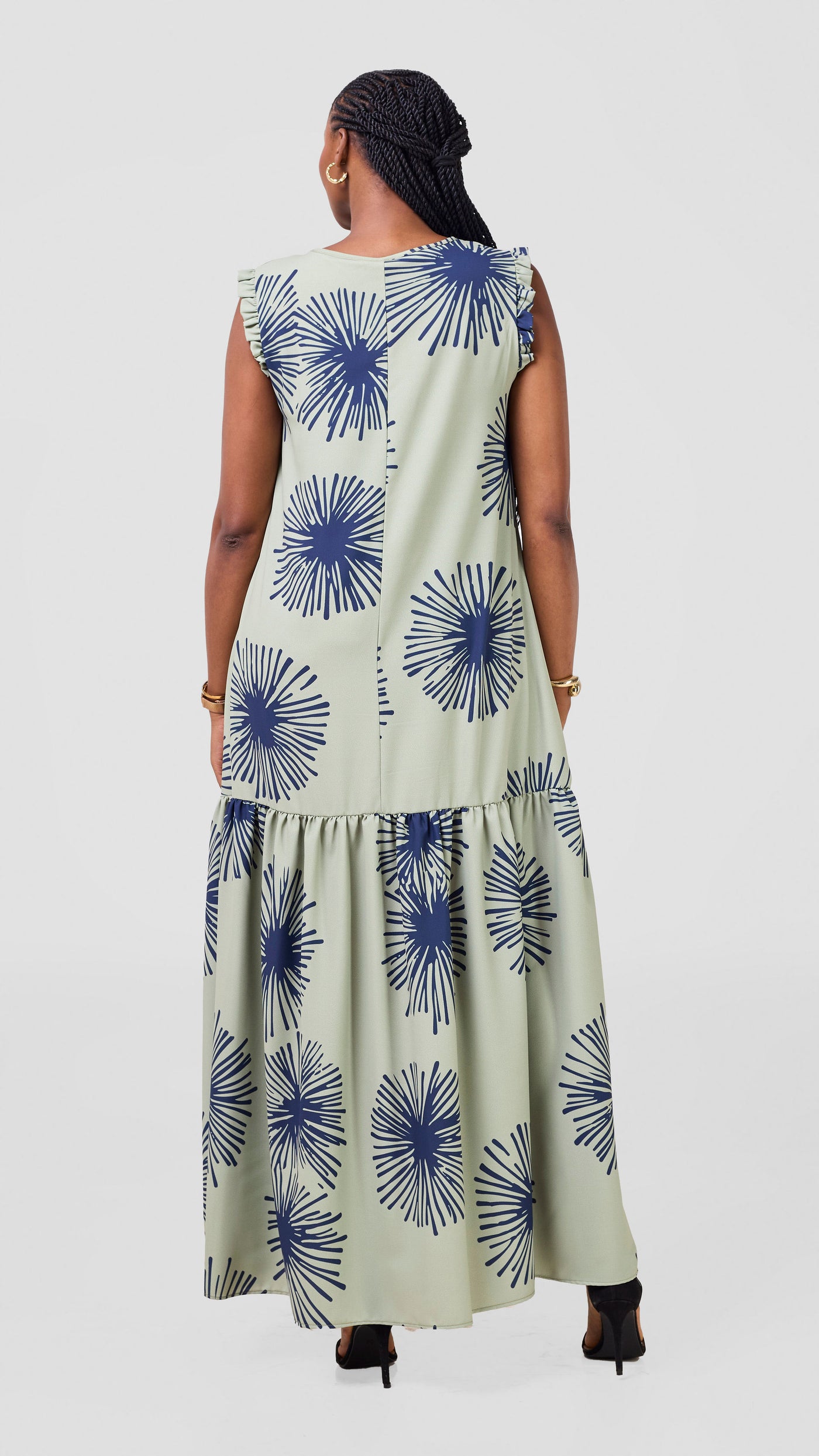Vivo Ava Tent Flounce Maxi Dress - Sage / Navy Sella Print