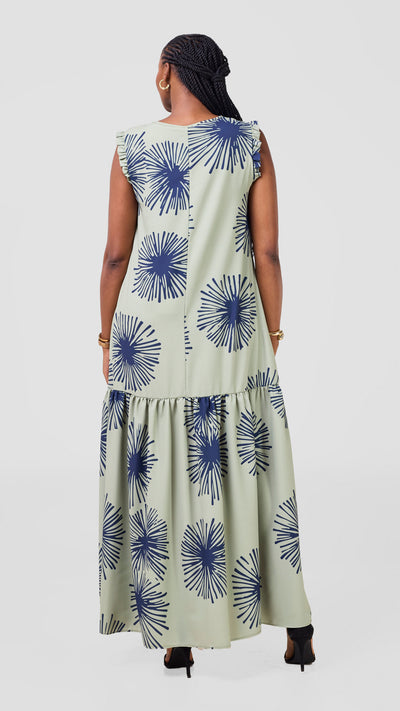 Vivo Ava Tent Flounce Maxi Dress - Sage / Navy Sella Print