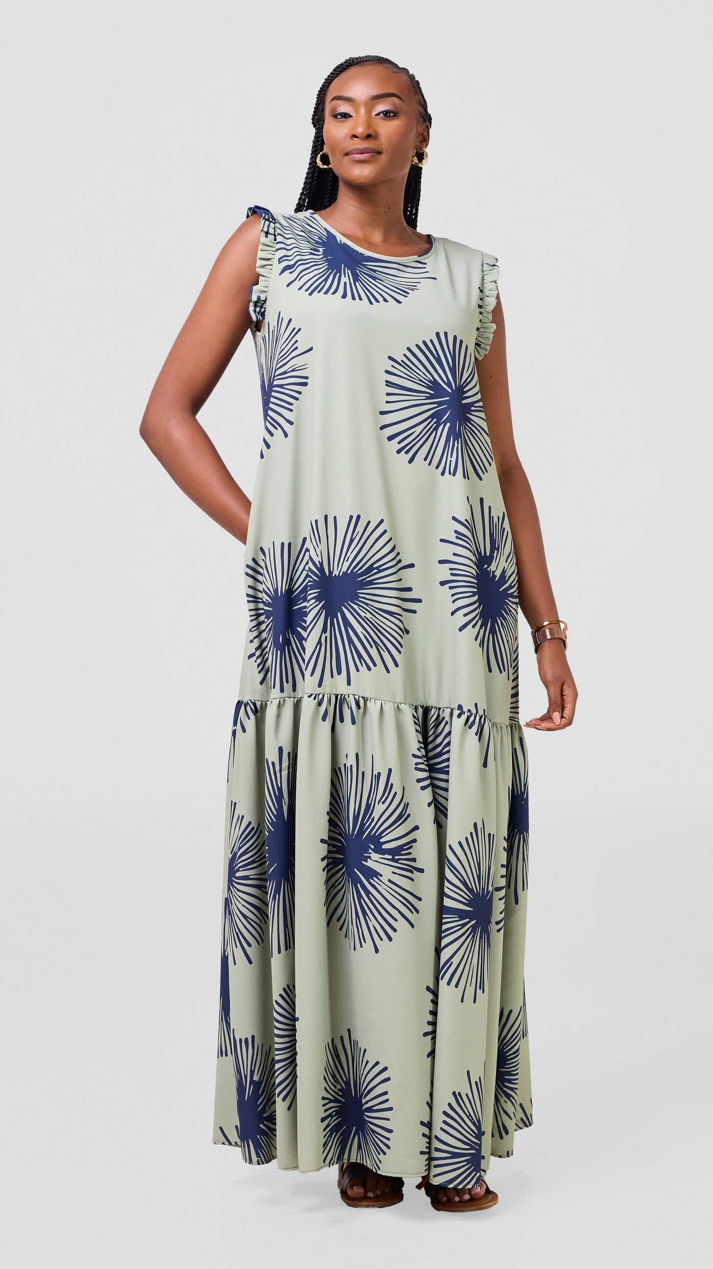 Vivo Ava Tent Flounce Maxi Dress - Sage / Navy Sella Print