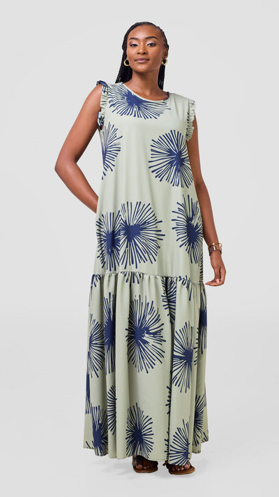 Vivo Ava Tent Flounce Maxi Dress - Sage / Navy Sella Print