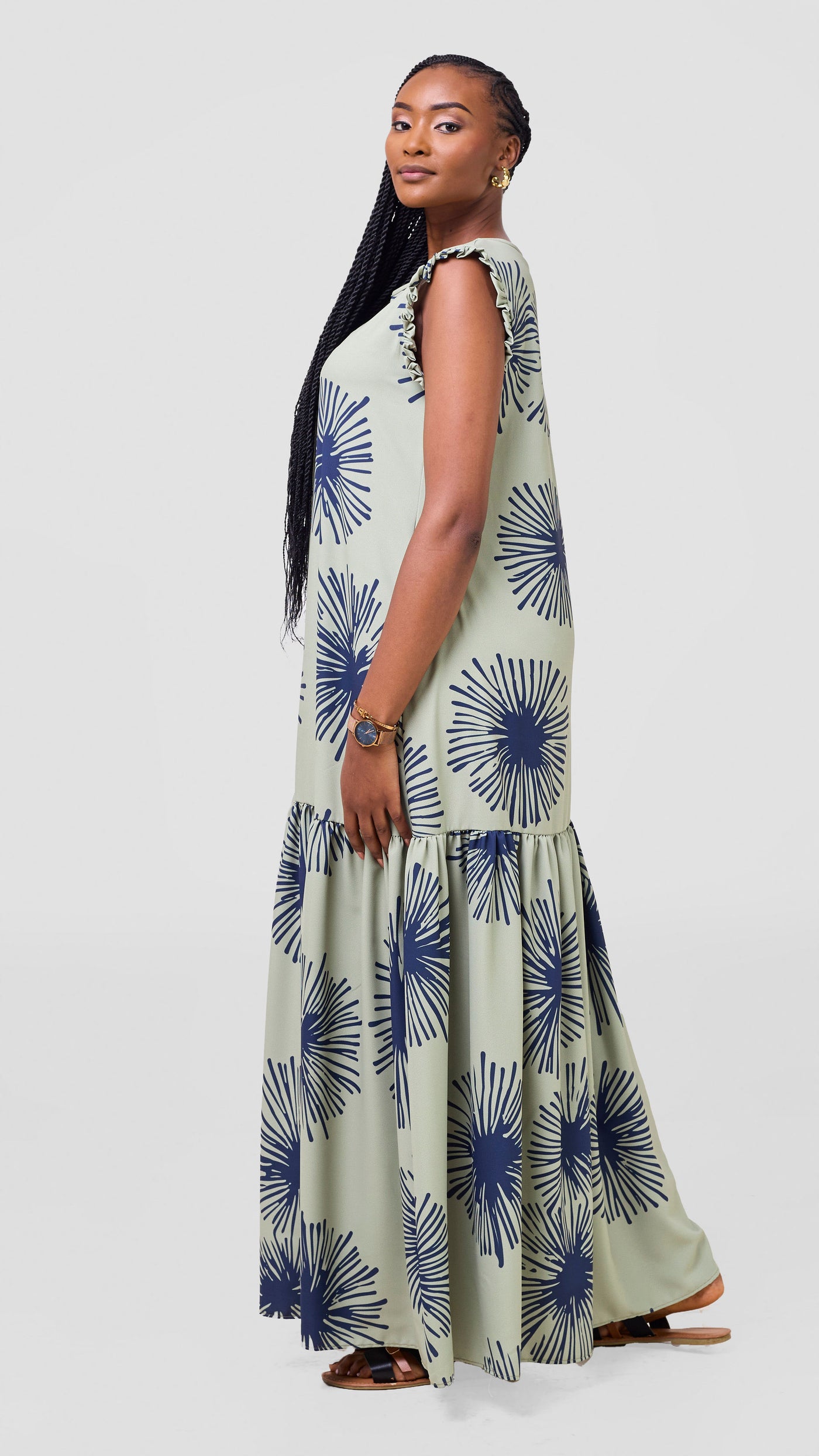 Vivo Ava Tent Flounce Maxi Dress - Sage / Navy Sella Print
