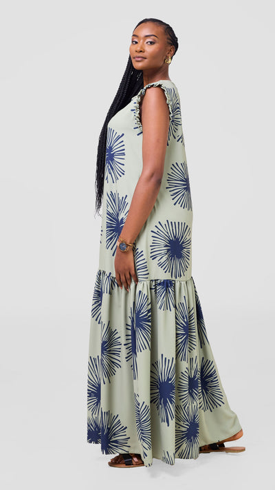 Vivo Ava Tent Flounce Maxi Dress - Sage / Navy Sella Print