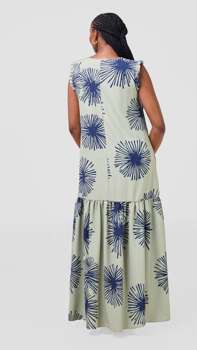 Vivo Ava Tent Flounce Maxi Dress - Sage / Navy Sella Print