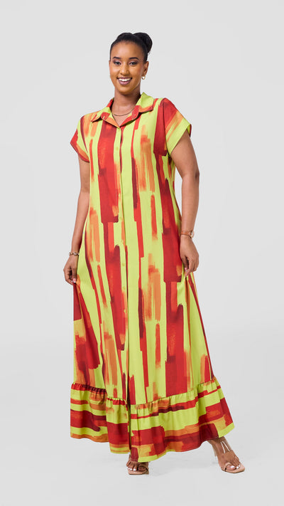 Vivo Maisha Drop Shoulder Maxi Dress - Olive / Dark Red Pasi Print